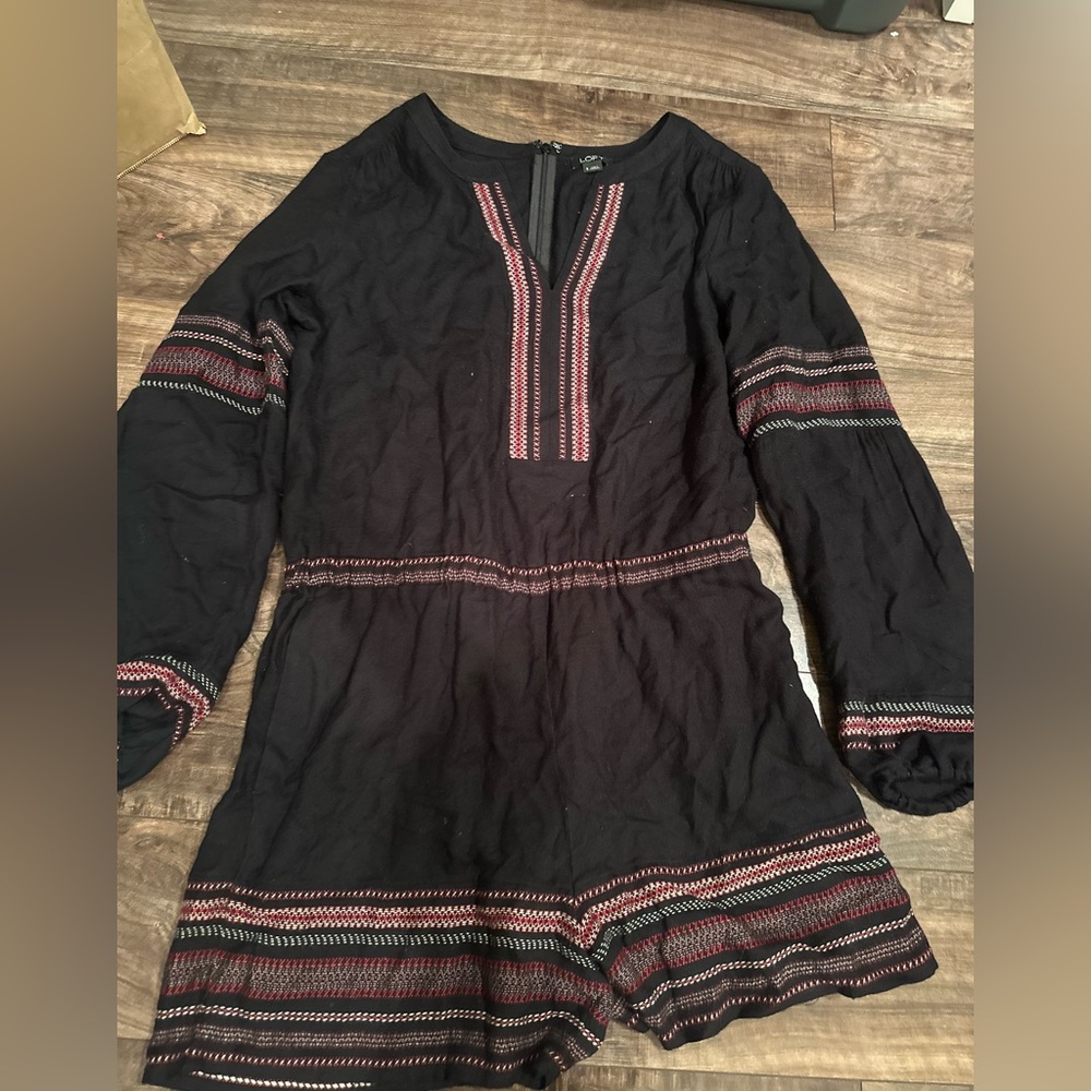 LOFT Black and Pink V-Neck Bishop Sleeve Dress